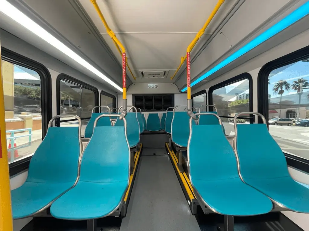 blue seats on a bus 