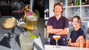 A collection of drinks, and two bartenders at The Scott