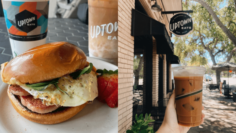 A breakfast sandwich, left, and the exterior of Uptown Eats, right