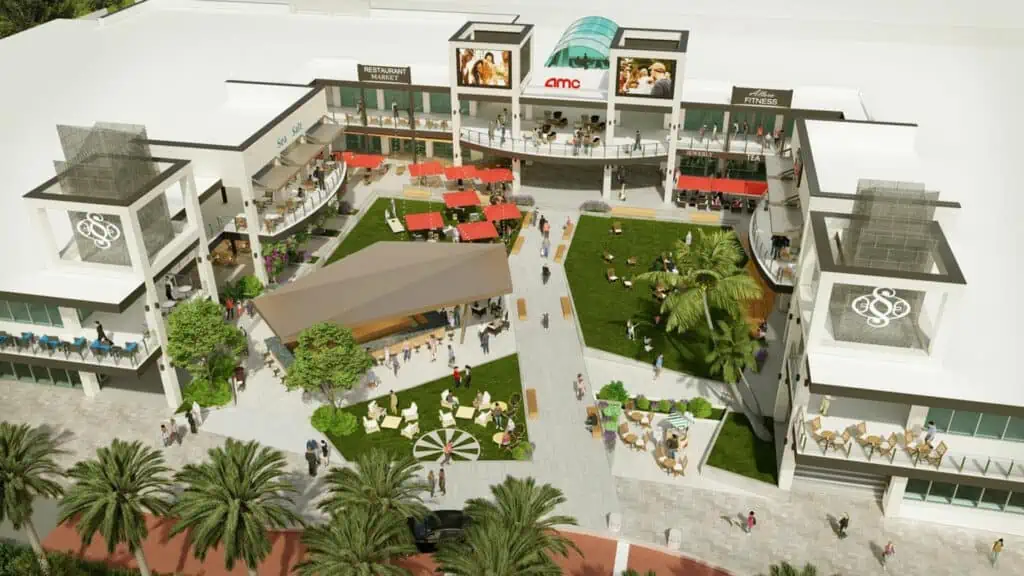 Sundial St Pete rendering of future open air space with tables, green spaces, a walk up bar and lighting.