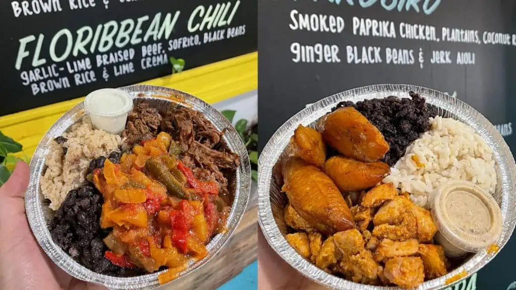 Two bowls at the Floribbean topped with rice, beans, meat, and more