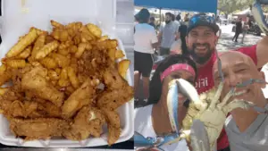 A plate of fried chicken, and people holding crabs