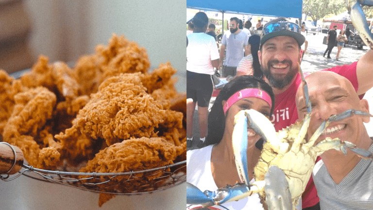 fried chicken and people holding crabs