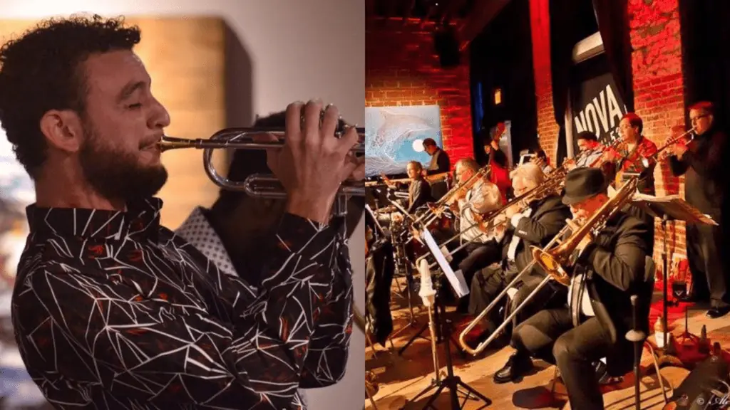 A trumpeter, left, and a jazz band, right