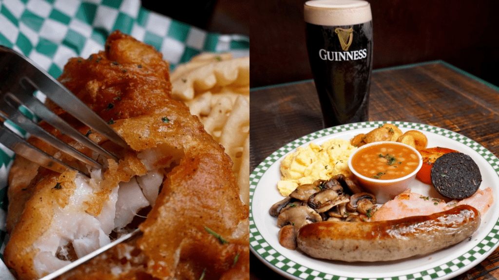 Fish and chips, left, and an Irish breakfast, right