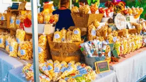 A popcorn and dessert food stand