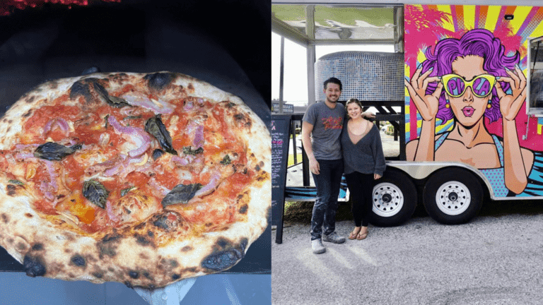 A pizza and the owners of The Violet Stone