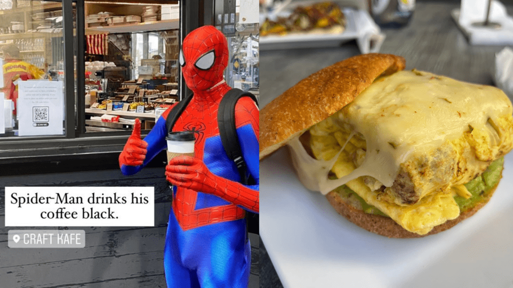 someone dressed as a spider-man holding a coffee, a photo of a egg and sausage breakfast sandwich. 