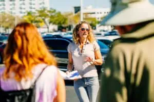 Monica Kile gives a history walking tour in the Gas Plant District