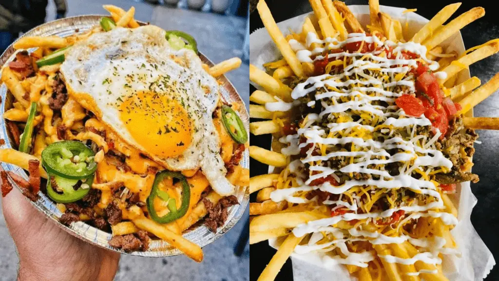 Two plates of loaded french fries