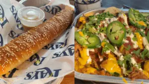 A pretzel dog and nachos