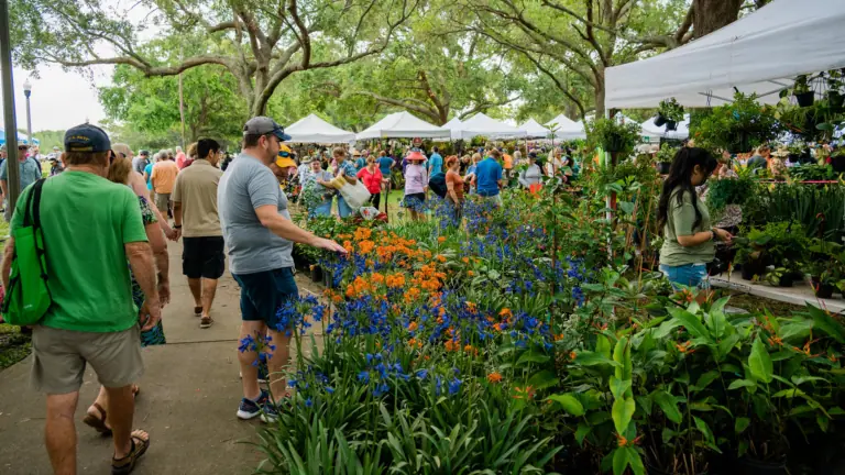 a group of flower vendors at an outdoor festival. Attendees browse different vendor tents