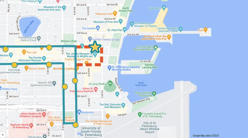 aerial map view of a bus route 