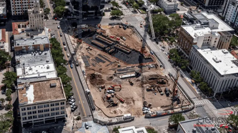 An aerial view of the foundation for 400 Central
