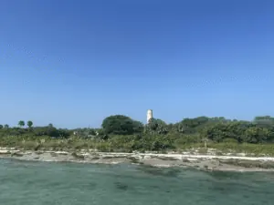 approaching an island park with a lighthouse visible from among palm trees