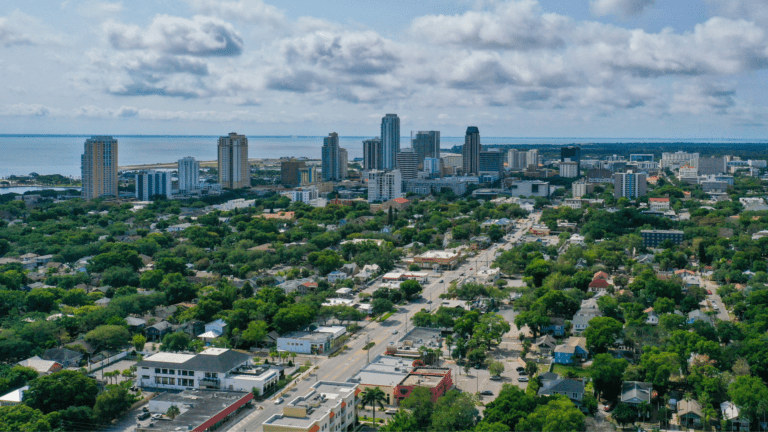 An aerial shot of the downtown St. Pete skyline