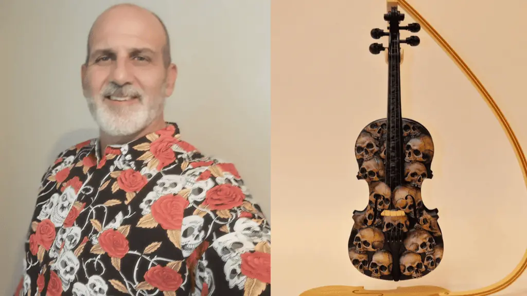 photo of a man in a floral shirt, a photo of a small violin with skulls carved onto the front.