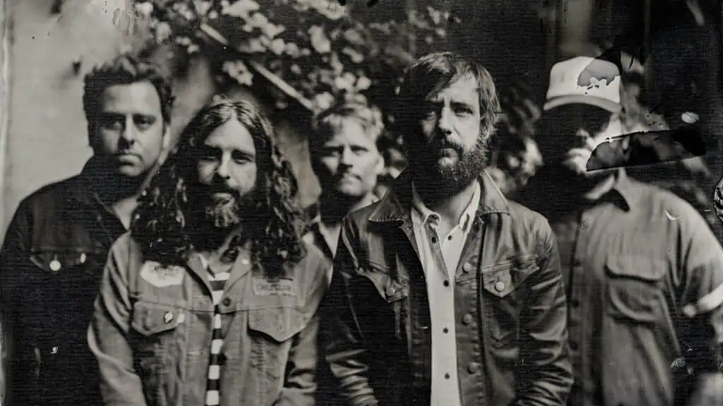 the band "band of horses" in black and white posing as a group looking right into the camera