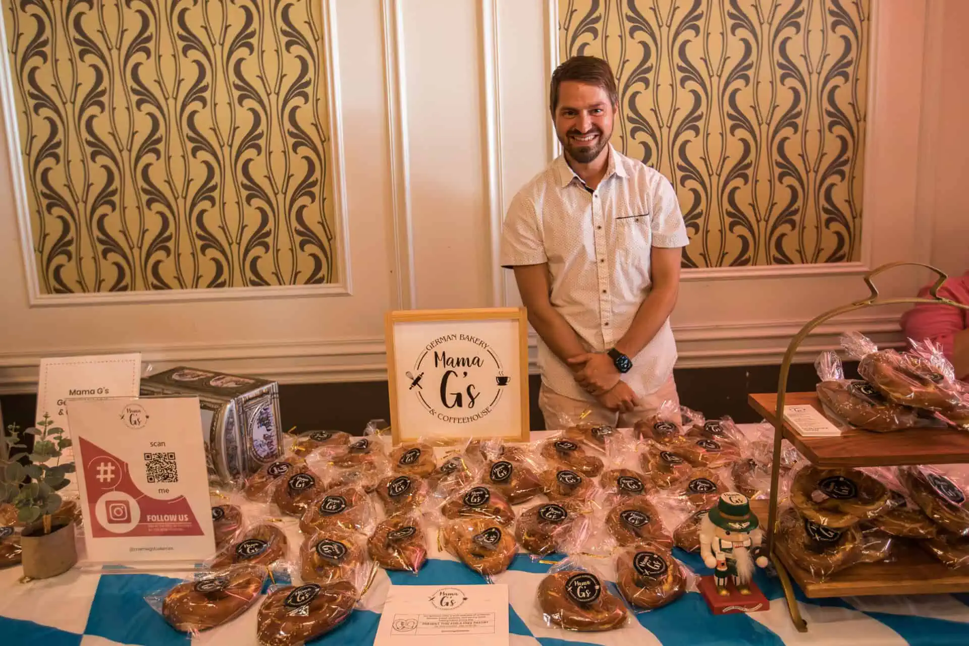 Mama G's table at Rose by the bay filled with a lot of soft pretzels