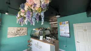 inside a cafe with blue walls, a pastry case, and flowers over the counter