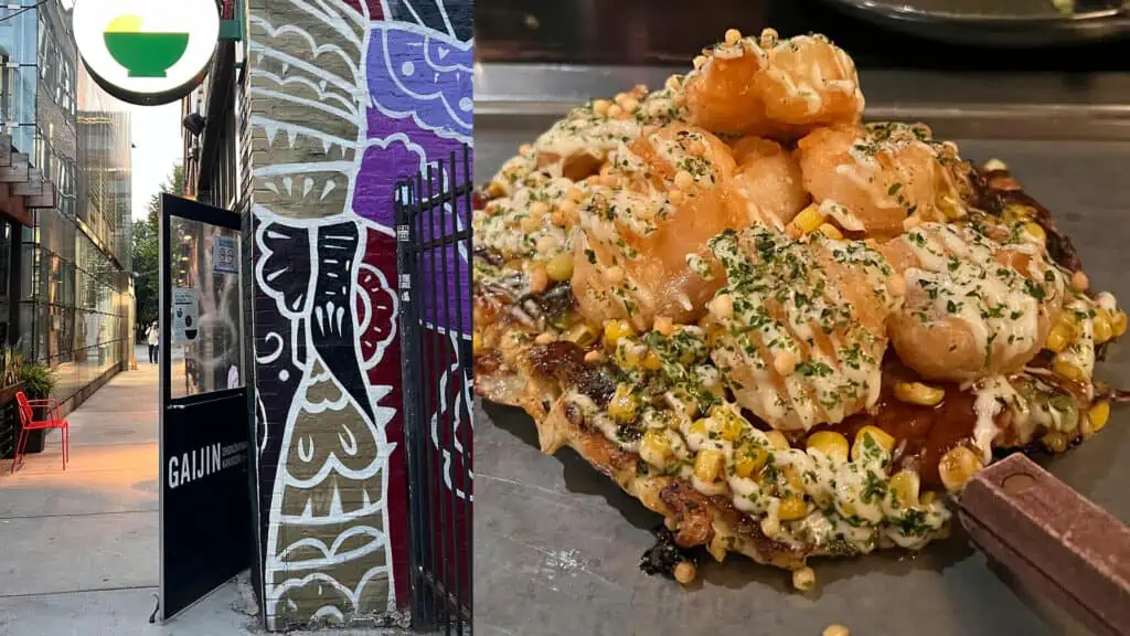 Split photo of the entrance door and graffitied wall of Gaijin and a close up of an okonomiyaki