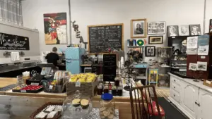 A large espresso bar inside a vintage market