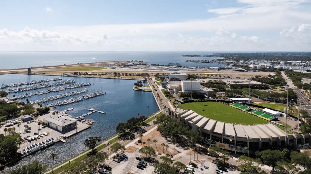 An aerial view of St. Pete's downtown waterfront