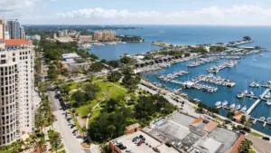 An aerial view of St. Pete's downtown waterfront