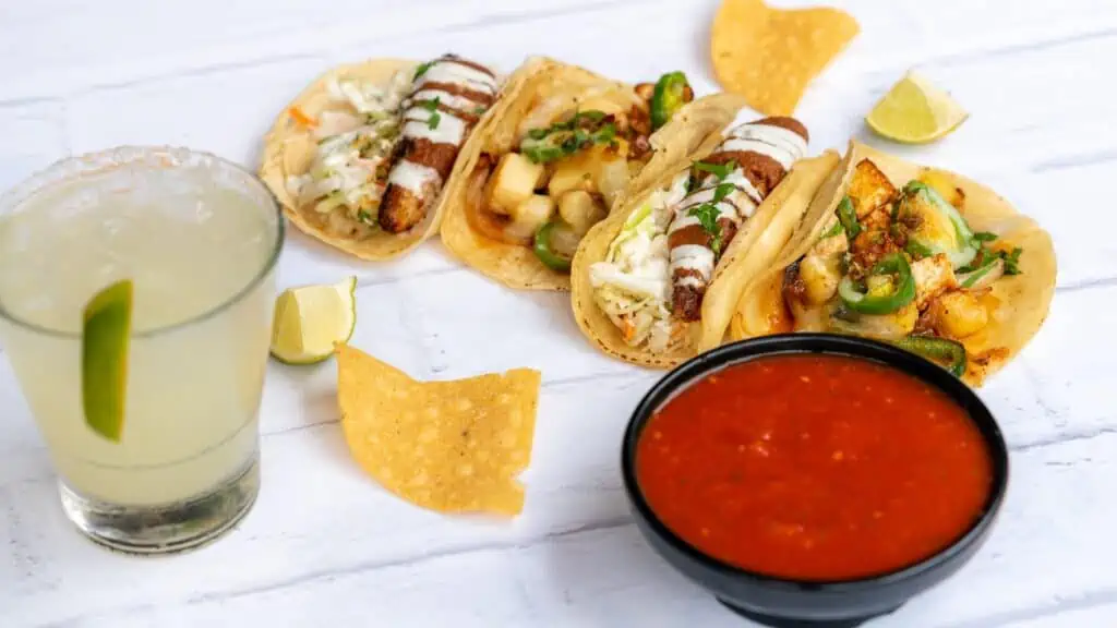 4 soft tacos with salsa and a margarita