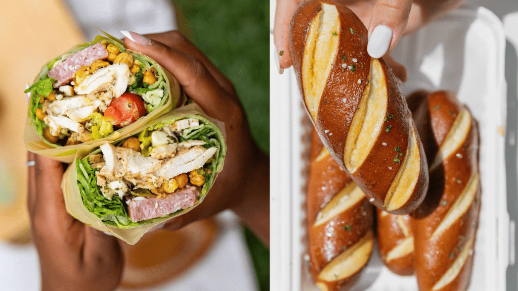 salad wrap and pretzel sticks