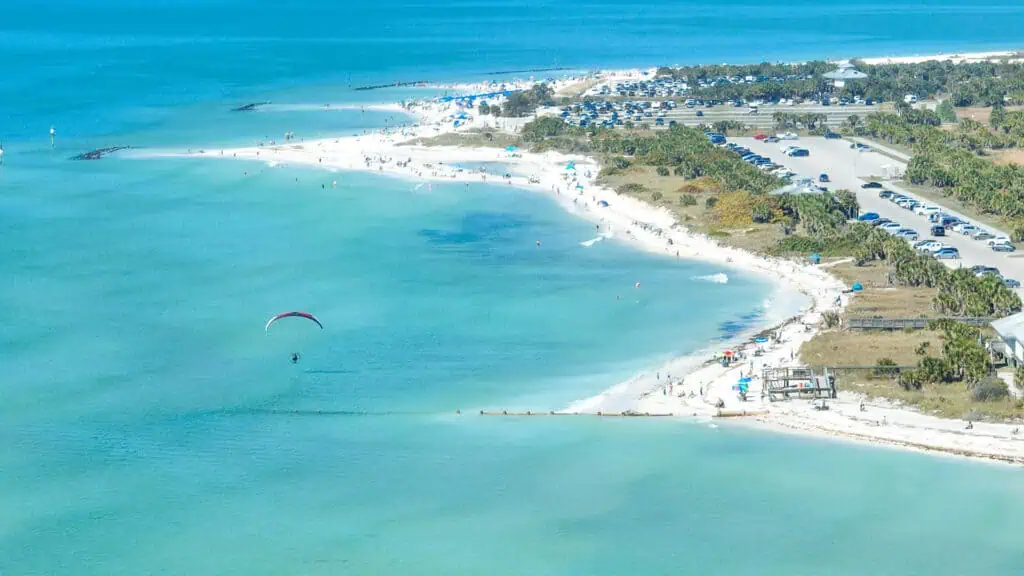 aerial view of a beach/park 