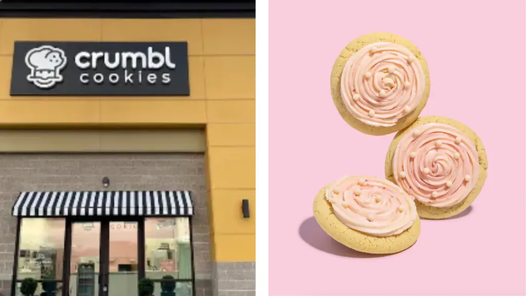 The exterior of Crumbl, and a trio of cookies