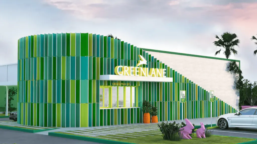 rendering of a green drive thru restaurant