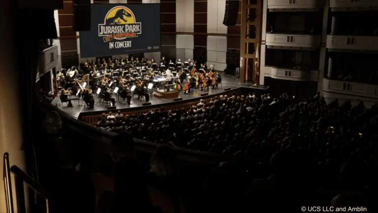 People in a theater watching an orchestra and movie
