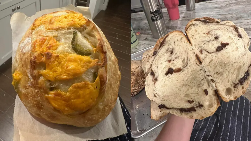 Two loaves of sourdough bread - one is split in half