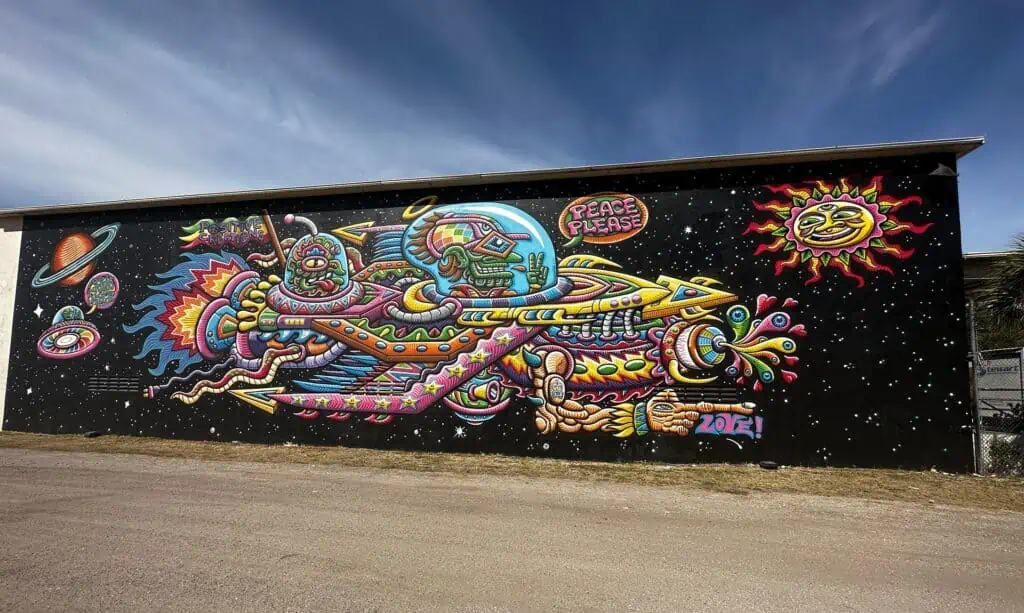 intergalactic mural with a space ship moving fast