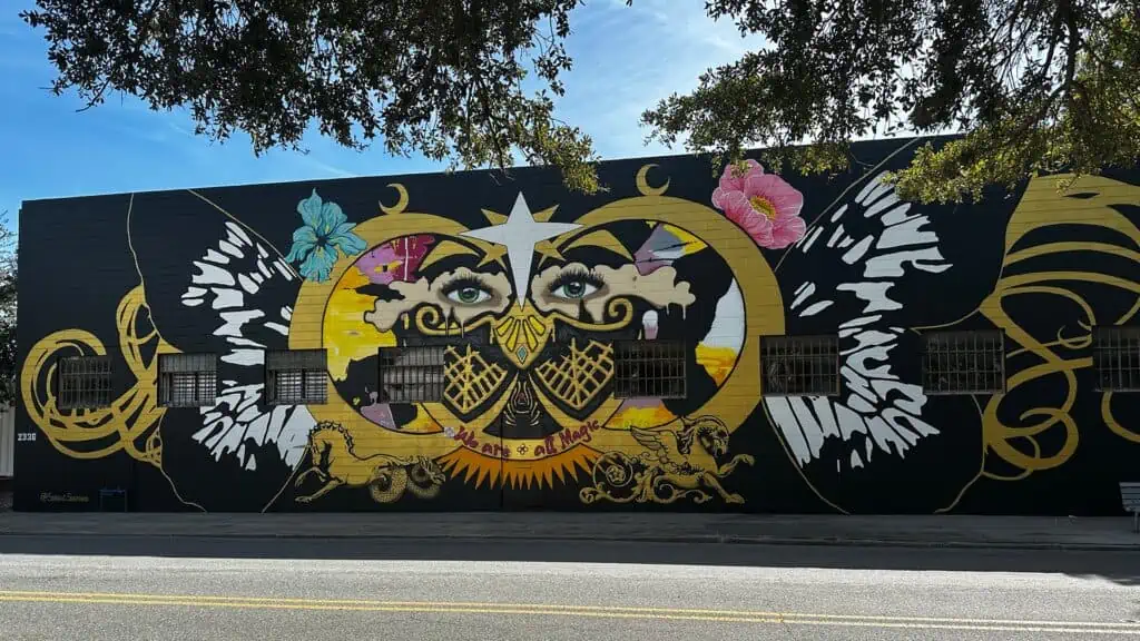 a mural with two large eyes at its center