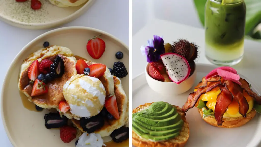 a palate of fluff cakes, and a plate with avocado toast and a breakfast sandwich