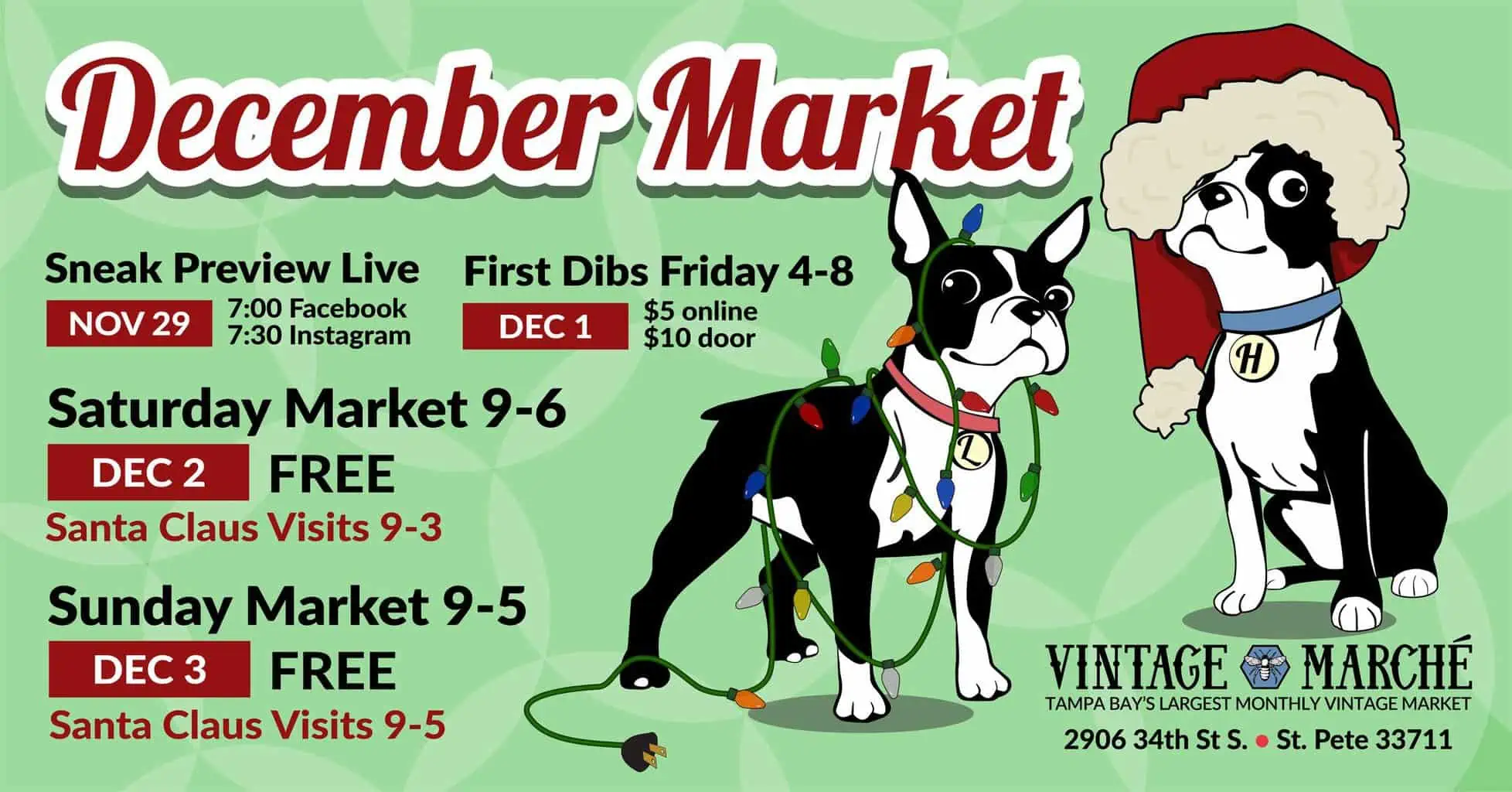 December Vintage Marche Market is all weekend long. Sneak preview live on Nov 29 on Facebook at 7pm and Instagram at 7:30pm. First Dibs Friday 4pm-8pm on Dec 1 - $5 onlinr or $10 at the door. Saturday Market 9am-6pm on Dec 2 and a Santa Claus visits from 9am-3pm. Sunday Market 9am-5pm on Dec 3 and santa claus visits 9am-5pm.