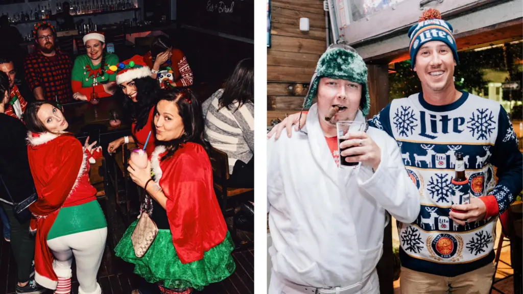 People at a bar in Christmas outfits