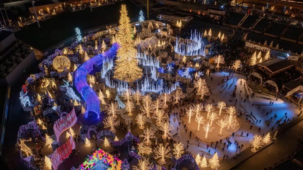 Massive holiday light display including tall Christmas tree