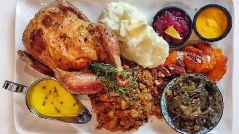 A big platter of Thanksgiving food