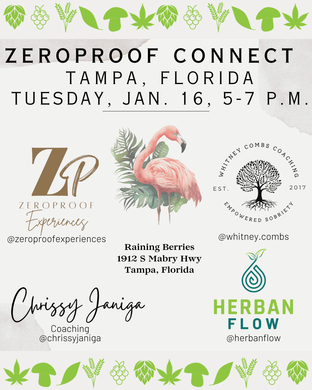 Zero Proof Connect for Dry January at Raining Berries on January 16 from 5pm-7pm with Herban Flow