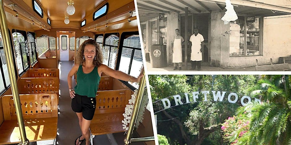 a collage of local historian Monica Kile, a historic photo st. pete, and the driftwood neighborhood sign