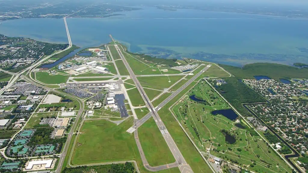 An aerial shot of an airport