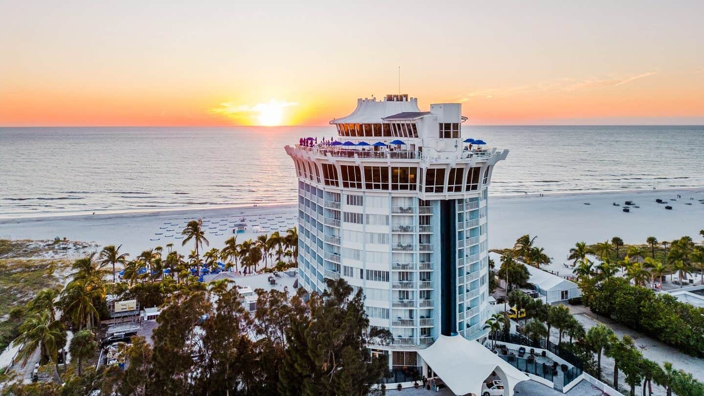 The top of The Bellwether Beach Resort offers full 360-views of the Gulf at sunset.