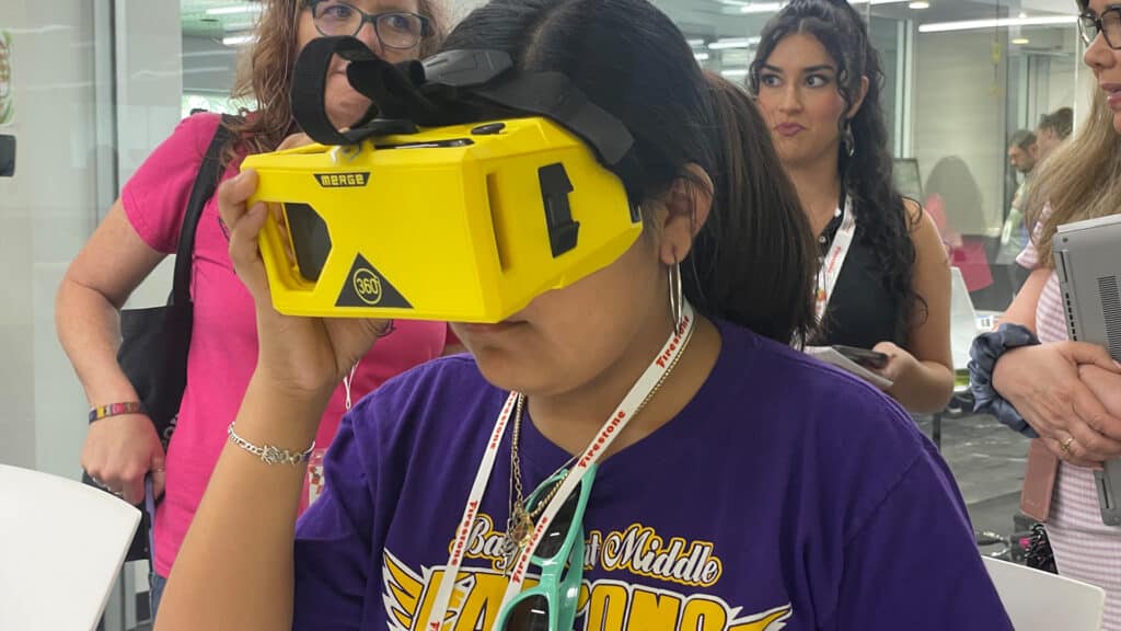 a student wearing a virtual reality headset 