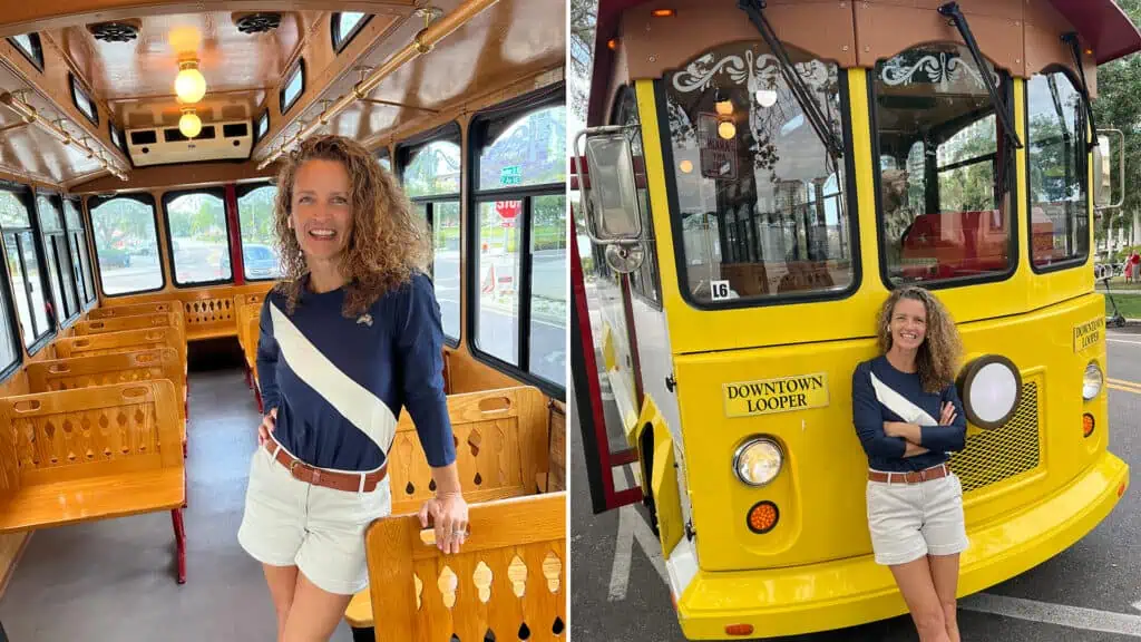 Local historian Monica Kile poses in front of the Downtown Looper trolley