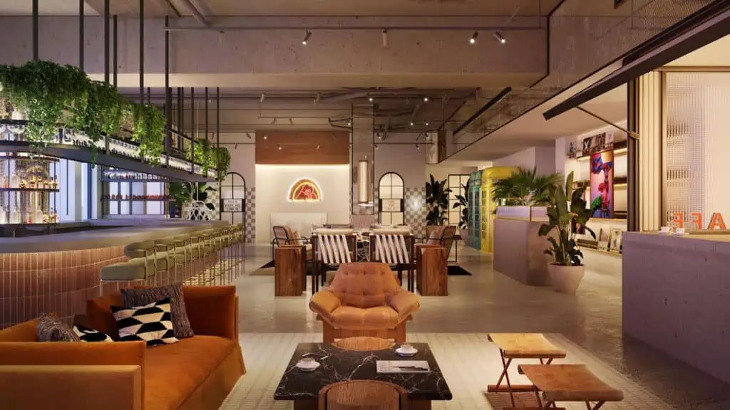 Rendering of lobby with a bar on the left and seating areas in the middle 