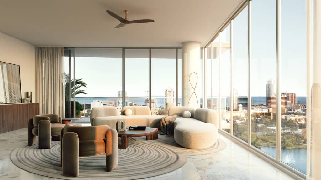 An interior living space with floor to ceiling windows at REFLECTION condo tower